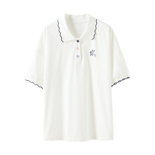 雪诗恋初中生夏装polo领短袖T恤女大童白色宽松刺绣上衣学生百搭