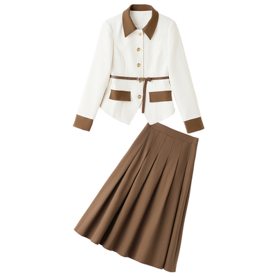 秋知性套裙职业拼色短外套中长裙