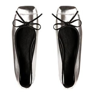 羊皮版~方头晚晚鞋银色浅口单鞋女春秋芭蕾舞鞋平底蝴蝶结奶奶鞋