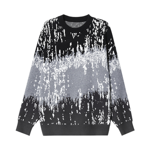 纺布者潮牌大码男装秋冬新款雪花点拼色毛衣圆领长袖加大毛衫男