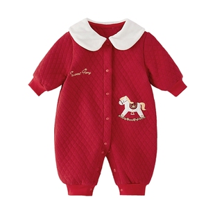 [抗菌远红外]宝宝连体衣秋女小童夹棉洋气红色秋冬满月服婴儿衣服