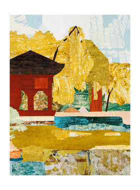 手绘油画发财树轻奢餐厅风景挂画客厅玄关背景墙装饰画新中式金箔