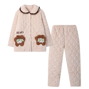 睡衣女士秋冬季珊瑚绒夹棉中年三层加厚保暖加绒家居服妈妈款套装