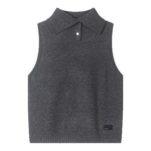 飘蕾灰色翻领无袖毛衣女2025秋冬新款宽松百搭绵羊毛针织背心上衣