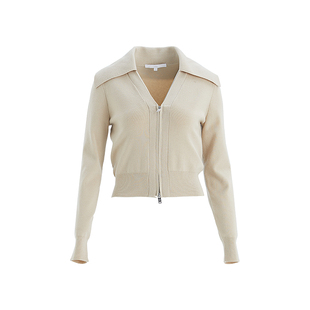 OBEG欧碧倩浅米色V领羊毛针织开衫双拉链短款休闲春上衣10501070