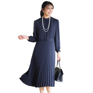 23区春季新款日系轻奢优雅气质百褶设计感长袖连衣裙女日本限定