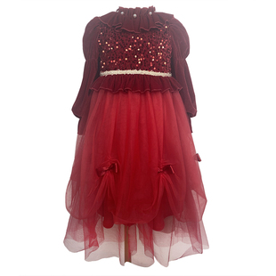 丢手绢童装新年女童公主秋冬加绒亮片红色连衣裙过年生日礼服裙子