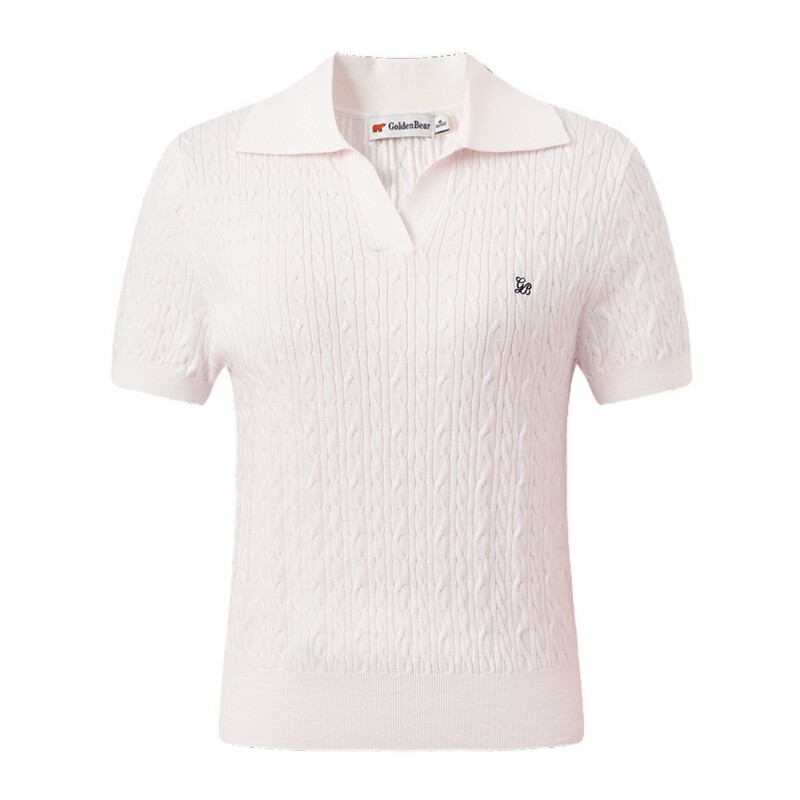 【夏季新品】GOLDEN BEAR/金熊2026年女士绞花翻领套头短袖针织衫