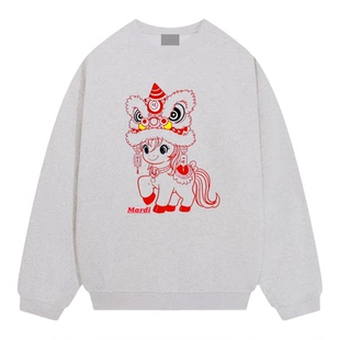 正品Mardi圆领加绒上衣2026新年本命年国潮风舞狮小马宽松卫衣女