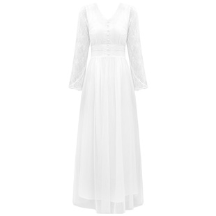 网纱蕾丝连衣裙长裙长款2026春装新款裙子女夏灯笼袖v领白色长袖