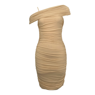 性感显身材网纱褶皱一字肩连衣裙新款女气质收腰小个子短款包臀裙