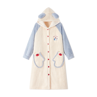 BE冬季珊瑚绒睡袍女款冬季长袍连帽睡衣秋冬可爱浴袍加绒加厚长袖