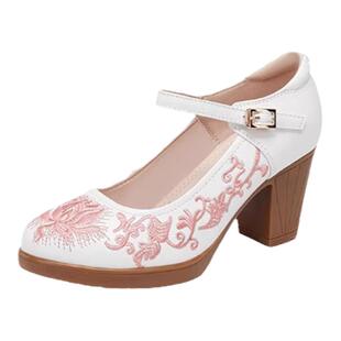 穿旗袍配的鞋牛筋底中跟真皮单鞋绣花布鞋女古风粗跟高跟汉服鞋子