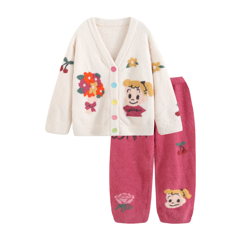 HEARMES 花朵女孩睡衣女秋冬款珊瑚绒日系半边绒家居服加厚可外穿