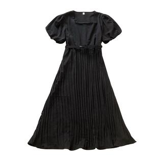 复古法式气质韩版方领泡泡短袖收腰显瘦百褶中长款大摆连衣裙女