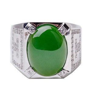 和田玉碧玉戒指 天然玉石和田碧玉镶嵌925银男款宽面玉扳指男指环