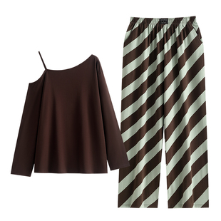 悦内睡衣女款春秋季长袖纯棉家居服套头时尚休闲露肩斜领新款套装