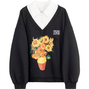 KEIKO 向日葵油画印花卫衣女2026春季艺术生穿搭假两件polo领外套