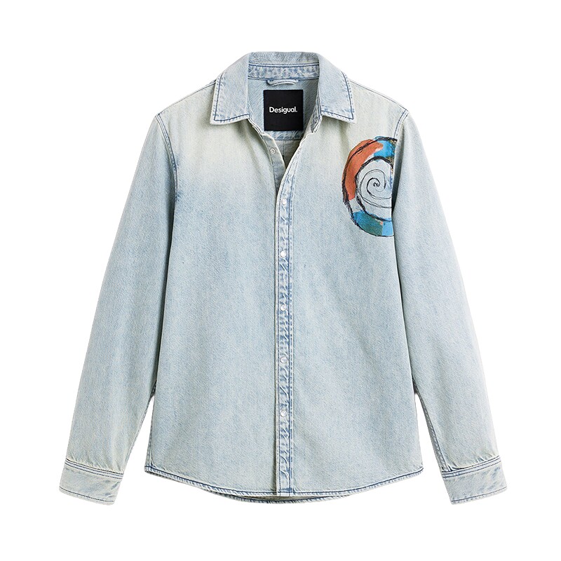 Desigual26秋冬新品宽松水洗做旧涡纹涂鸦花卉印花男式牛仔衬衫
