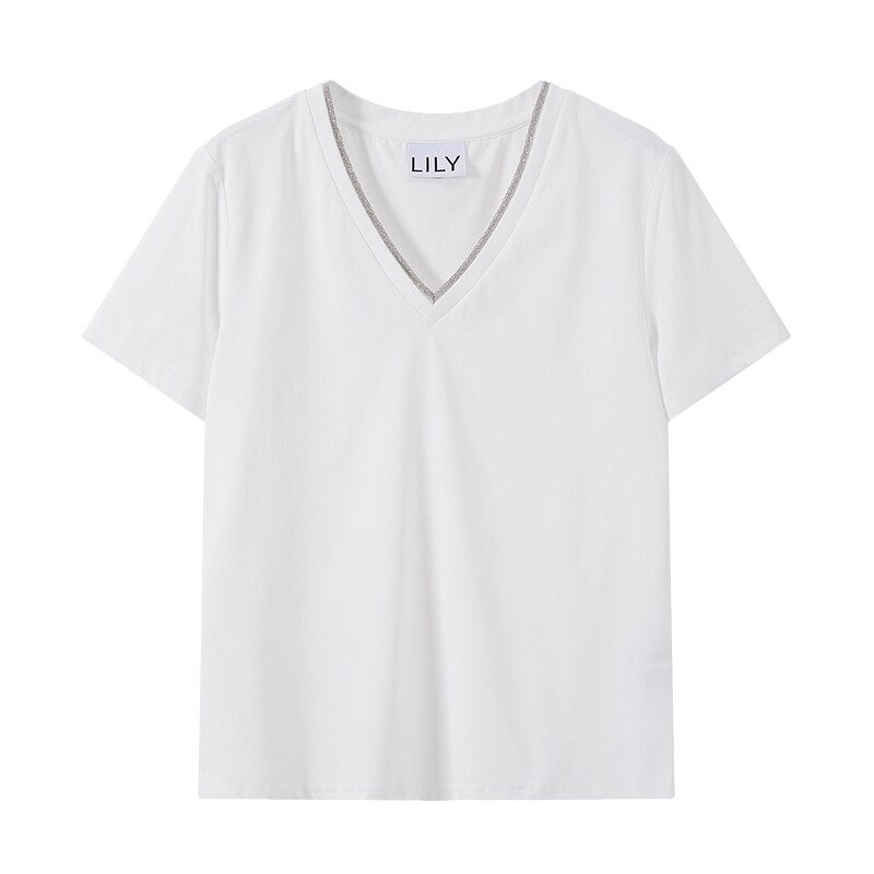 LILY2026夏新款简约假两件V领正肩宽松休闲通勤白色短袖T恤女上衣