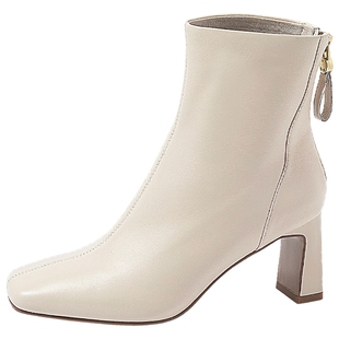 康莉商场新款真皮时装靴女2024年冬季时尚粗跟高跟短靴女款中筒靴