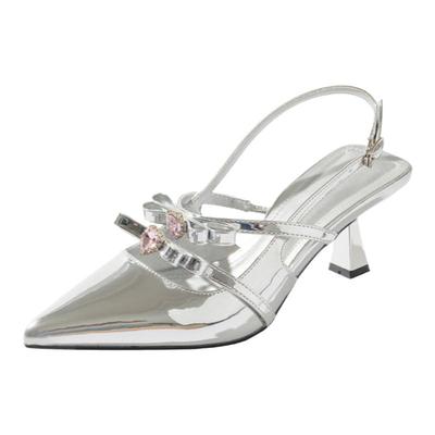 爱心水钻蝴蝶结尖头细高跟鞋银色