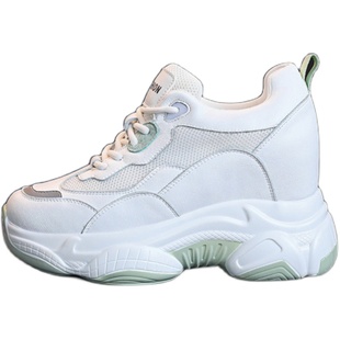 显脚小老爹鞋女ins内增高运动鞋10cm女鞋增高百搭真皮厚底休闲鞋