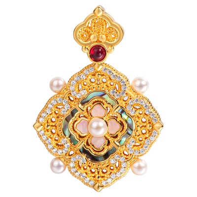 足金色如意四叶草粉贝母珍珠项链