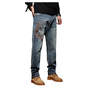 欧洲站高端刺绣牛仔裤男2026新款直筒修身弹力潮牌绣花大码长裤子