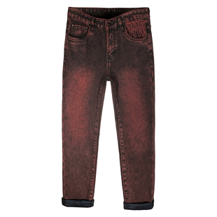 高端潮牌印花加绒牛仔裤2025新款男款秋冬季厚款修身弹力九分裤子