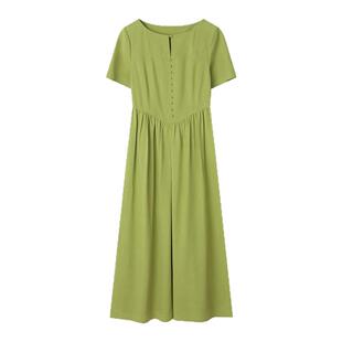 solighter 法式复古绿色连袖收腰连衣裙夏季2025新款显瘦气质长裙