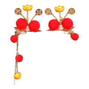 古风铜钱元宝合金长流苏红色毛球发夹头饰发饰日常搭配新年喜庆女