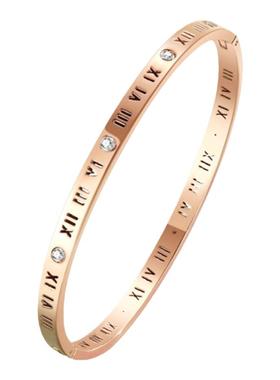 罗马数字镶钻钛钢手镯女轻奢小众不掉色金色玫瑰金闺蜜手环手饰