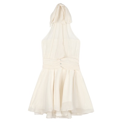 白色雪纺挂脖连衣裙夏季收腰无袖露肩修身显瘦短款仙女裙A字裙子