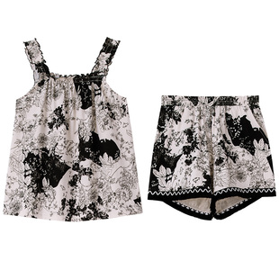 妮狄娅睡衣女夏纯棉方领套头宽松款吊带背心休闲短裤家居服套装