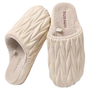 远港女士棉拖鞋2024新款时尚冬季家居PU皮面高端男士防水保暖托鞋