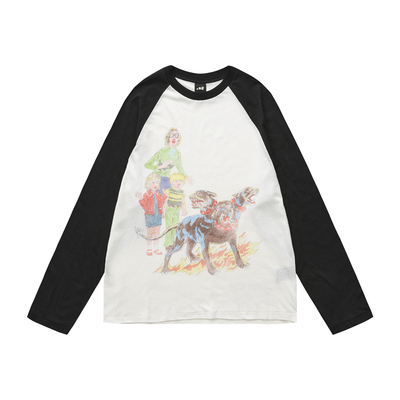 pac长袖T恤插肩撞色印花狗单缝线