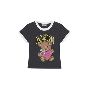 GANNI女装 撞色趣味泰迪熊猫咪印花修身短袖T恤上衣