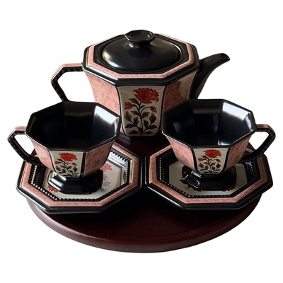 中古风牡丹花窗陶瓷杯碟茶具套装