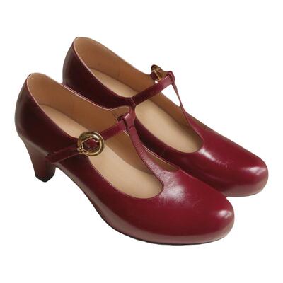 奈里法式优雅摩登口红高级牛皮质感中古40红色高跟鞋一字带玛丽珍