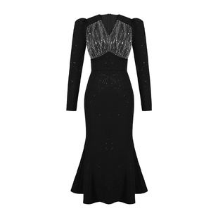 漂亮独特亮闪闪鱼尾连衣裙女秋冬赫本风性感轻奢V领长袖包臀裙子