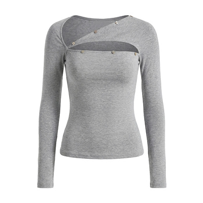 PynkiSwear 花灰色斜肩不规则修身长袖T恤女镂空解构打底衫上衣