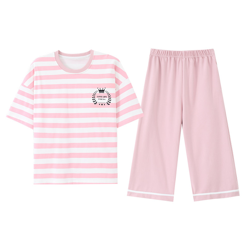女士短袖大码睡衣套装夏季棉条纹