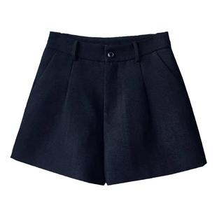 秋冬季大码条纹毛呢短裤女外穿A字阔腿裤通勤加厚高腰靴裤女咖色