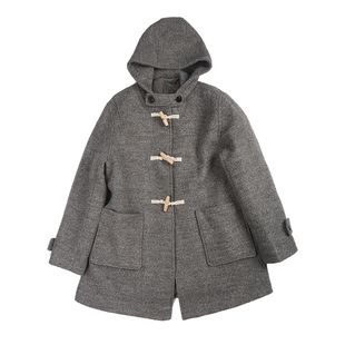 NORTHAGE冬季纯羊毛呢中长学院厚实牛角扣夹棉灰色连帽大衣女