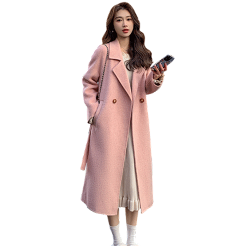 粉色双面毛呢大衣女2024年秋冬季新款韩版宽松中长款系带毛呢外套