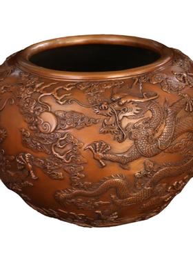 匠泽铜魂纯铜海水云龙缸摆件