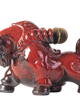 创意陶瓷招财红色牛摆件