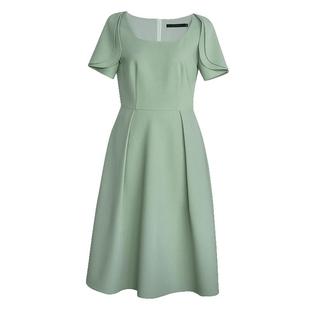 罗衣复古简约方领豆绿色连衣裙女夏季淑女拼接褶皱大摆裙子06692