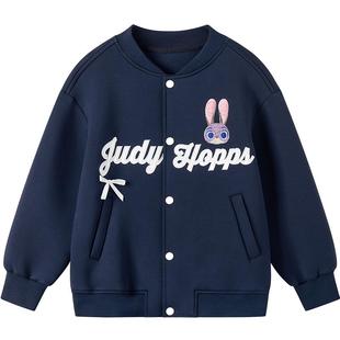 迪士尼女童加绒棒球服外套中大童兔子警官保暖上衣儿童加绒外套女